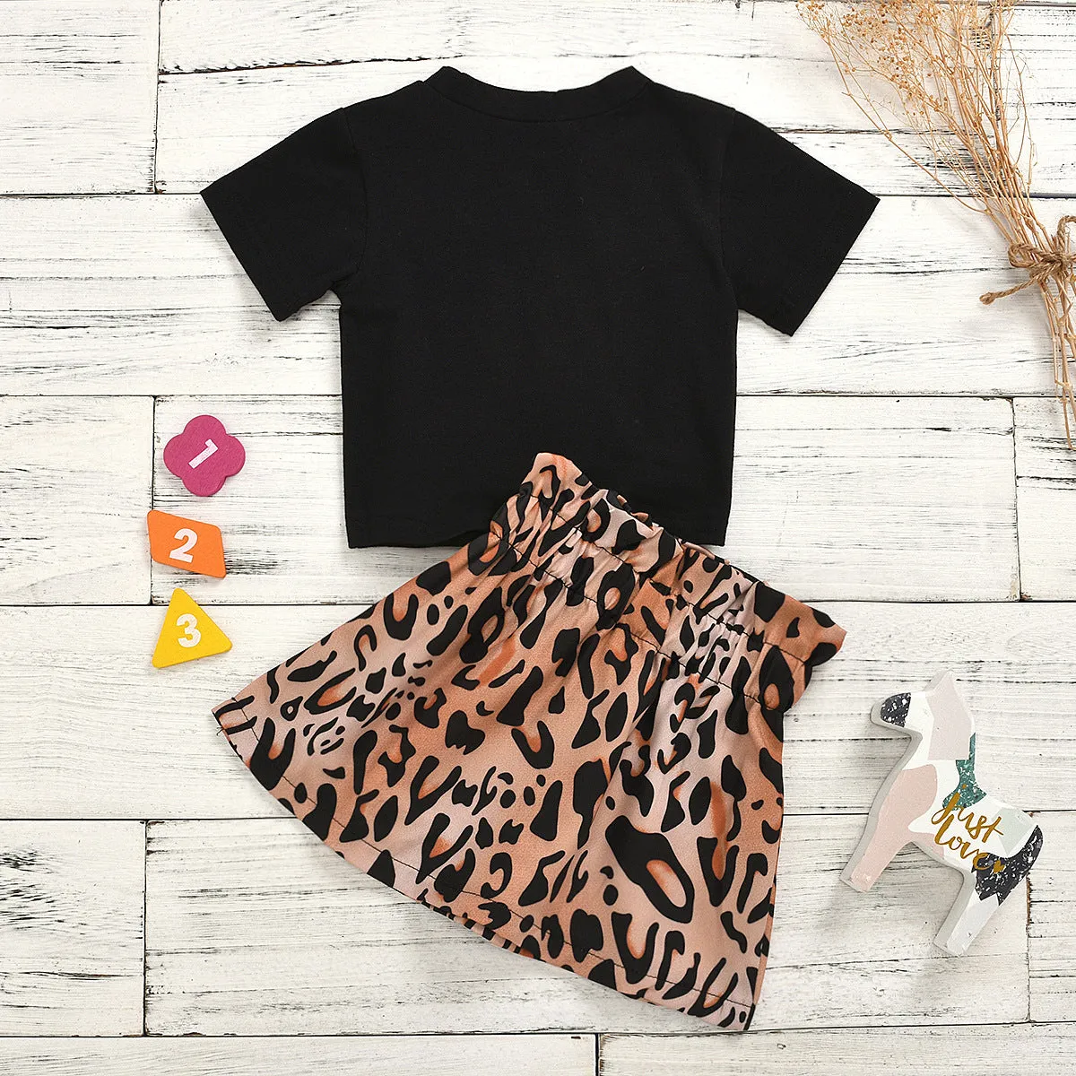 2 Pieces Set Baby Kid Girls Letters Tops And Leopard Skirts Wholesale 23113001