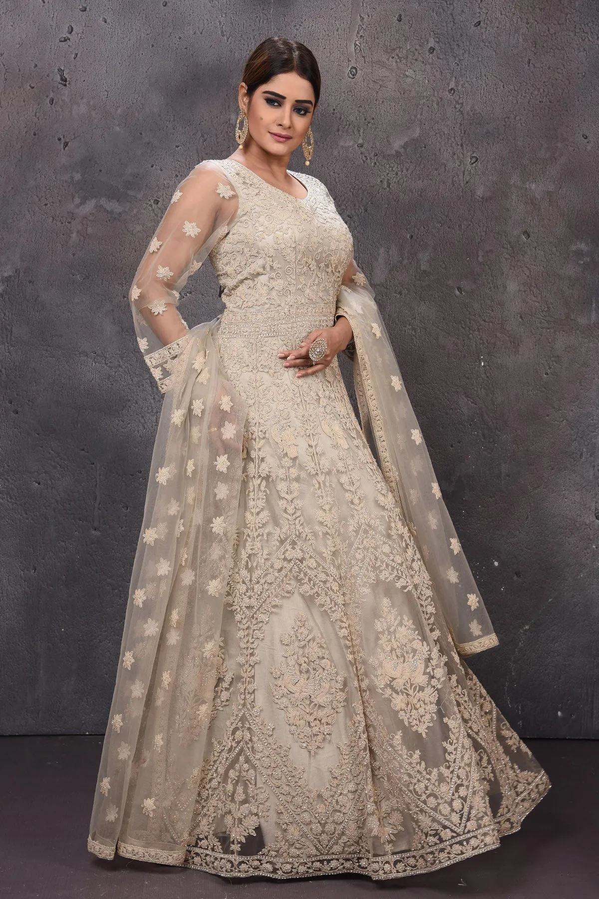 502825 Grey Embroidered Anarkali Suit with Dupatta