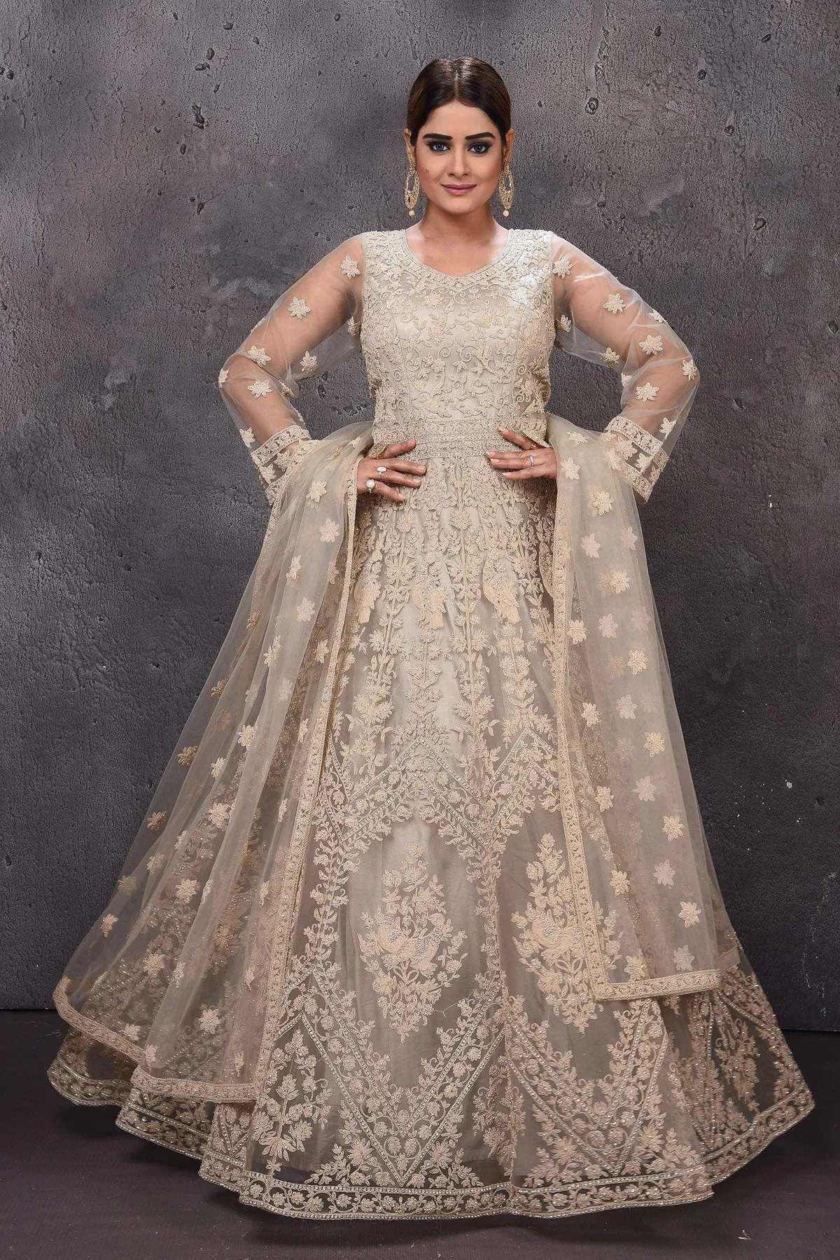 502825 Grey Embroidered Anarkali Suit with Dupatta