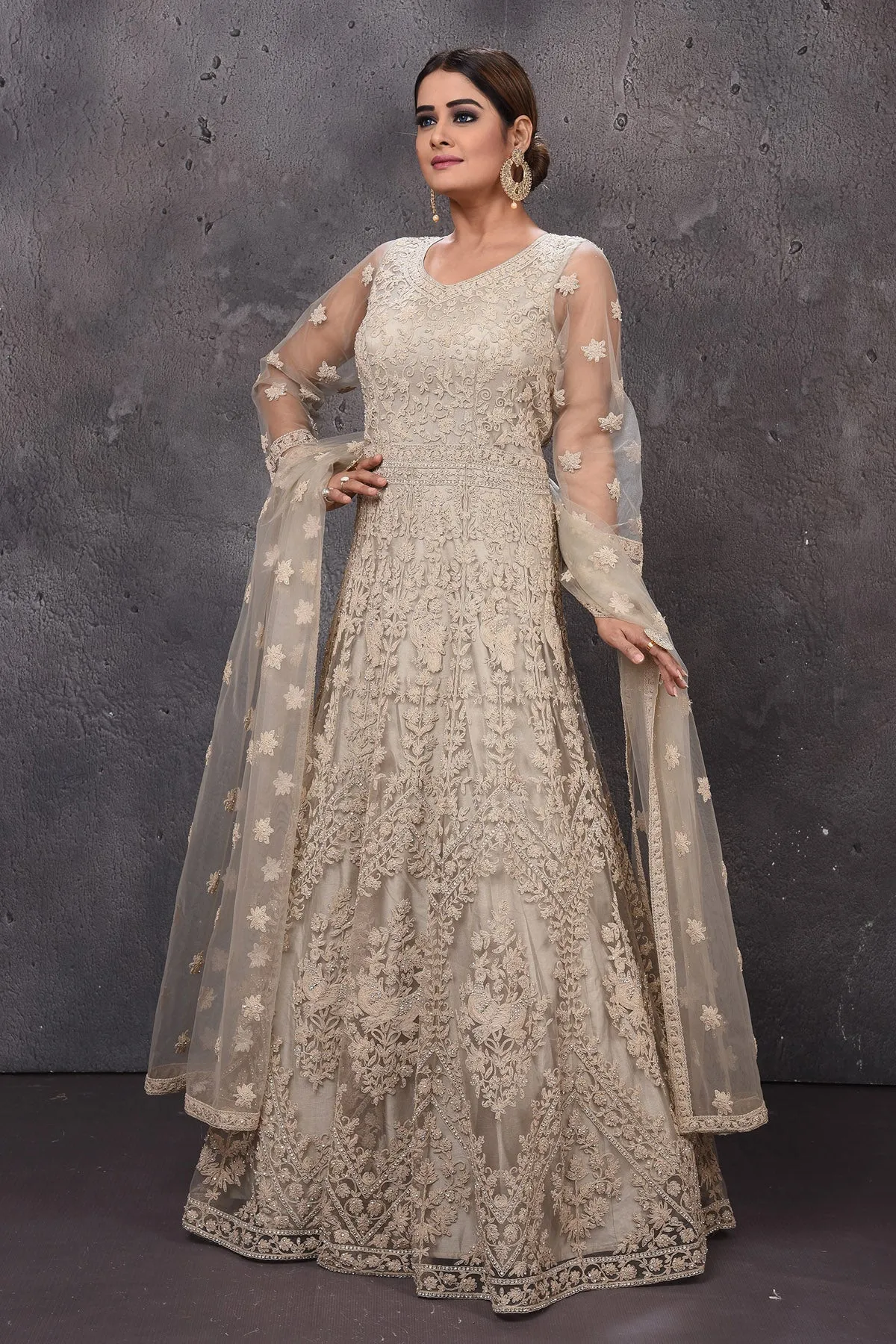 502825 Grey Embroidered Anarkali Suit with Dupatta