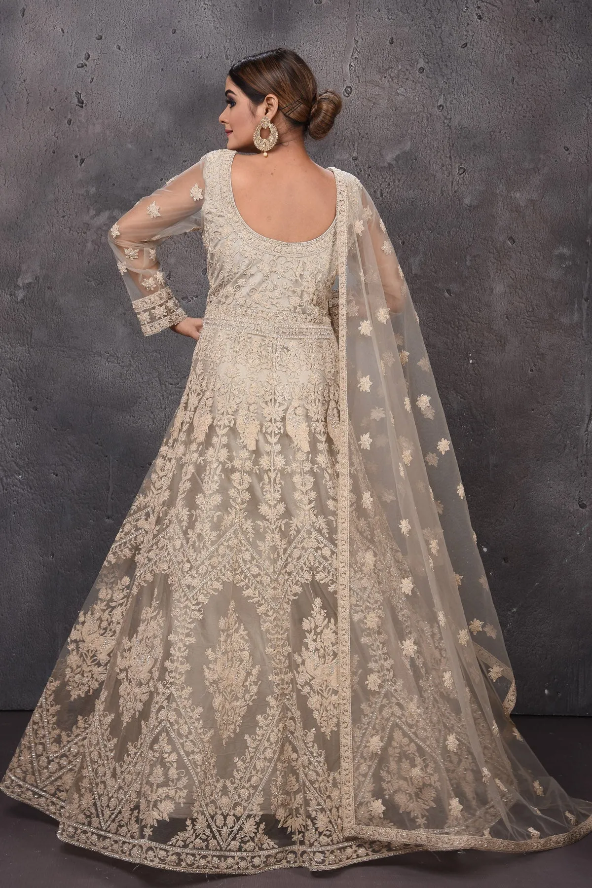 502825 Grey Embroidered Anarkali Suit with Dupatta