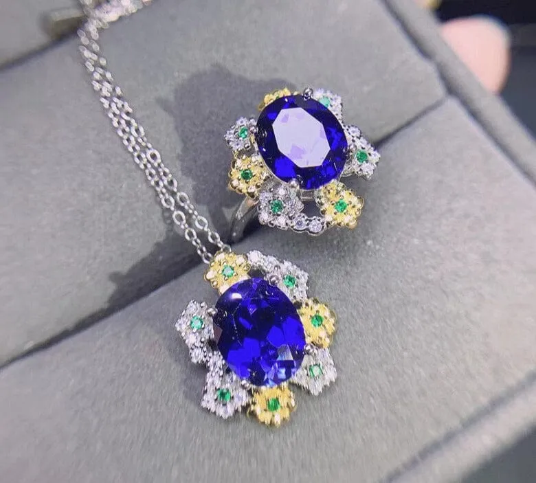 6ct 8mm*10mm Royal Blue Sapphire Ring and Necklace Jewelry Set