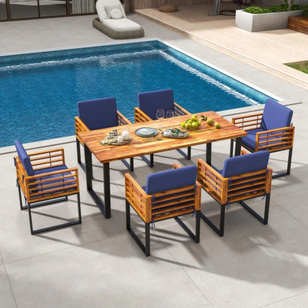 7 Pieces Patio Acacia Wood Dining Chair and Table Set for Backyard and Poolside-Navy