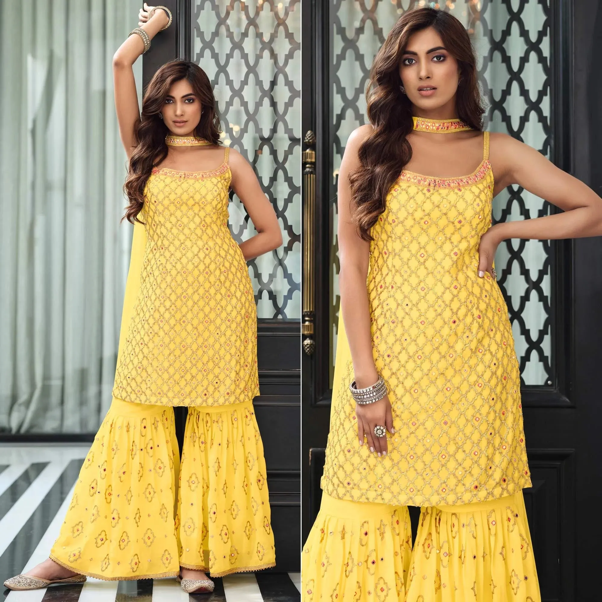 Appealing Ethnic Wear Yellow Colored Kurti And Palazzo Suits With Dupatta