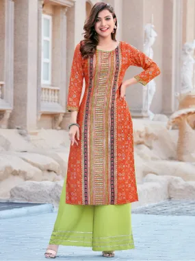 Appealing Orange Color Printed Kurti With Green Palazzo Pants