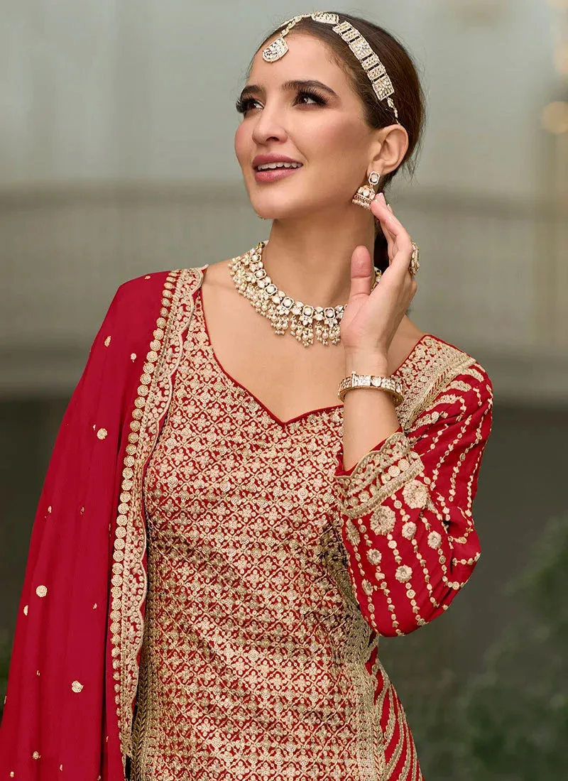 Attractive Designer Red Color Premium Silk With Heavy Embroidery Work Palazzo Suits