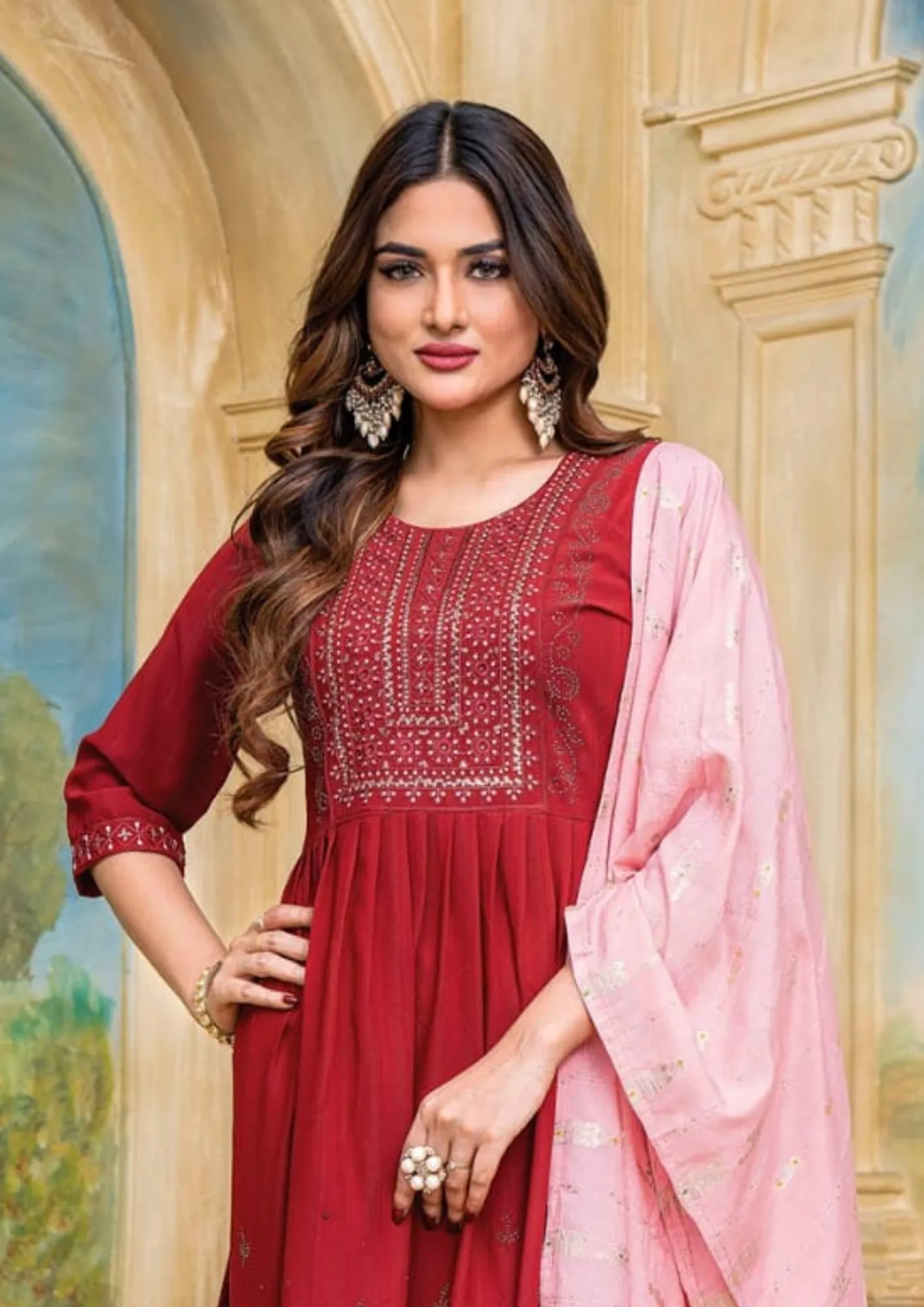 Attractive Red Color Nylon Viscose Kurti And Heavy Lycra Pant With Banarasi Dupatta