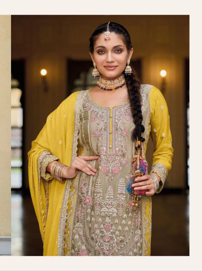 Beautiful Greige Colored Chinon Palazzo Suits With Designer Dupatta