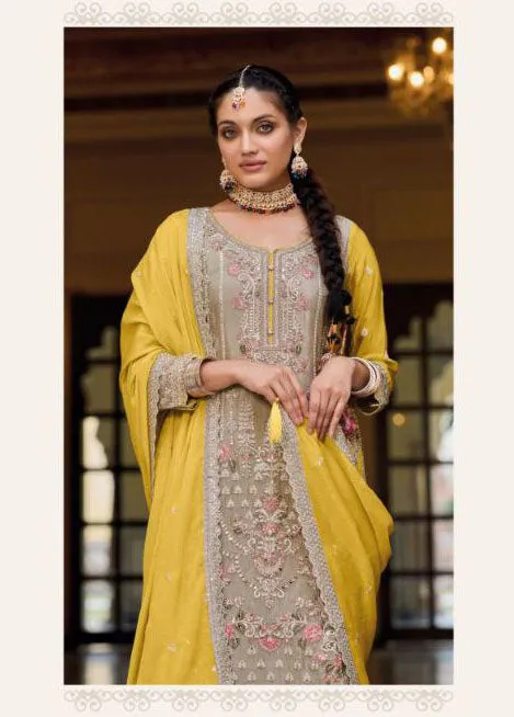 Beautiful Greige Colored Chinon Palazzo Suits With Designer Dupatta