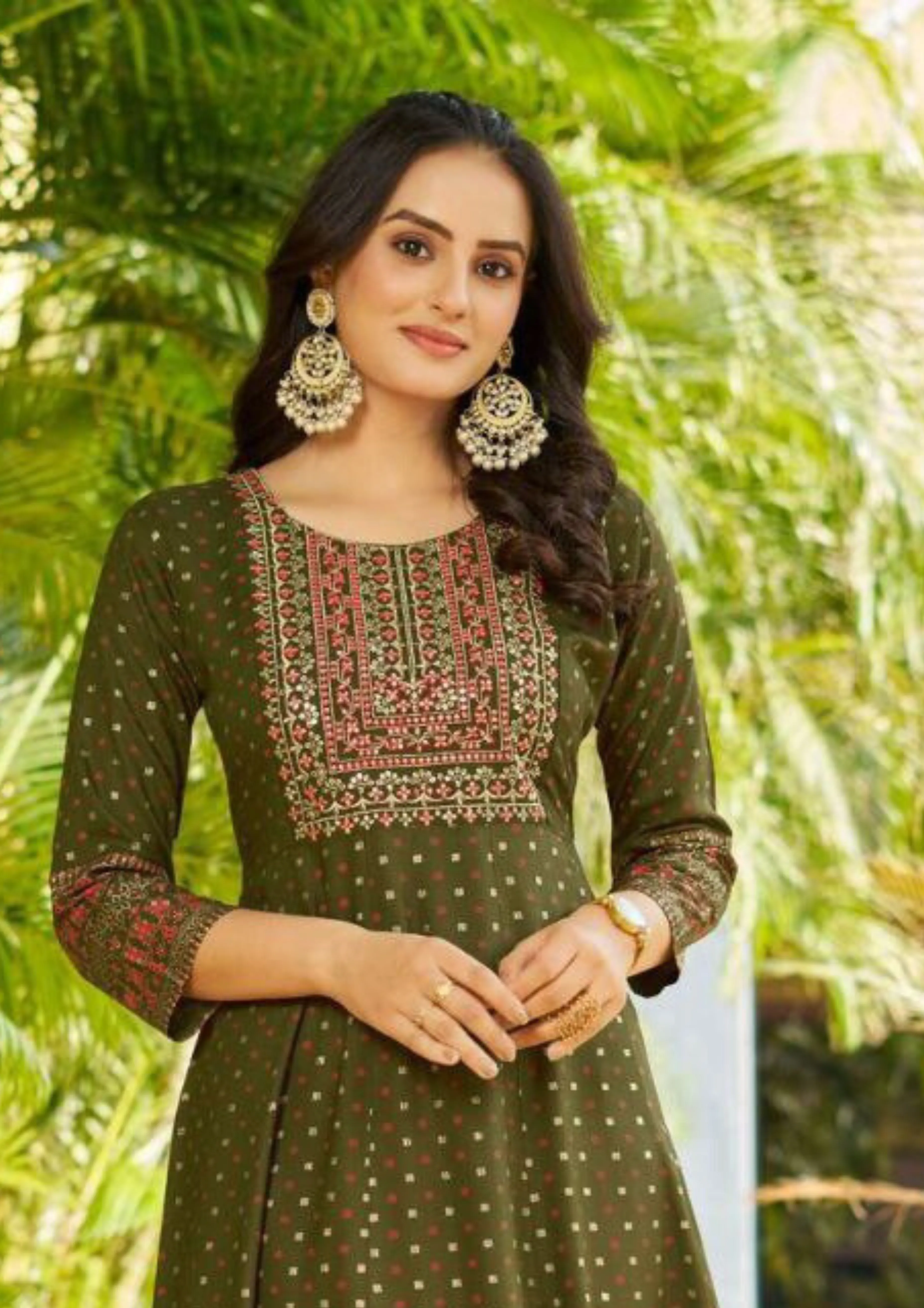 Beautiful Mehendi Green Color Rayon Foil Print Anarkali Gown With  Embroidery Work