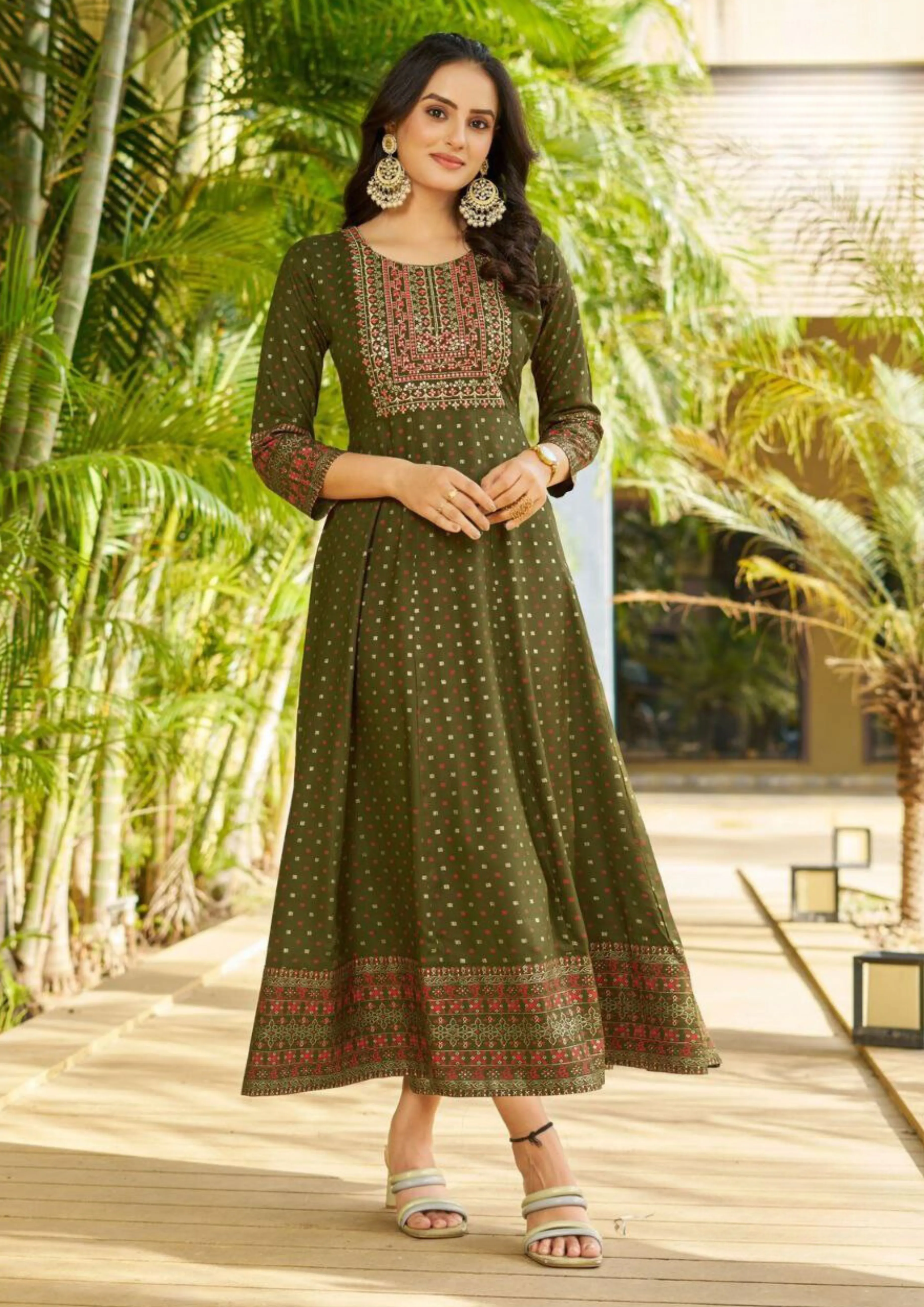 Beautiful Mehendi Green Color Rayon Foil Print Anarkali Gown With  Embroidery Work