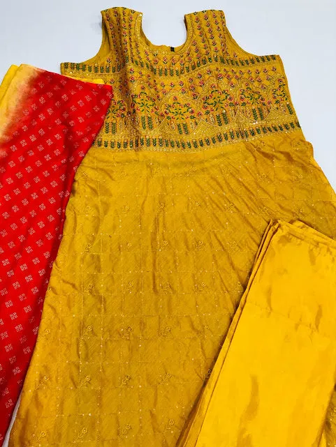 Beautiful Yellow colored Cotton Embroidery Work Kurti & Pant With Dupatta