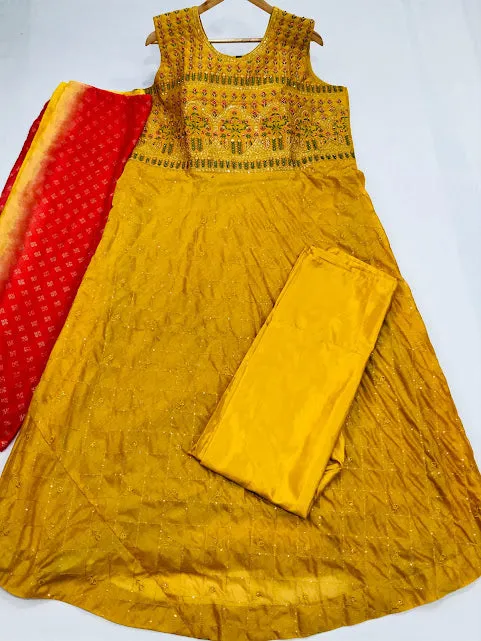 Beautiful Yellow colored Cotton Embroidery Work Kurti & Pant With Dupatta