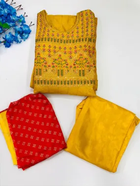 Beautiful Yellow colored Cotton Embroidery Work Kurti & Pant With Dupatta