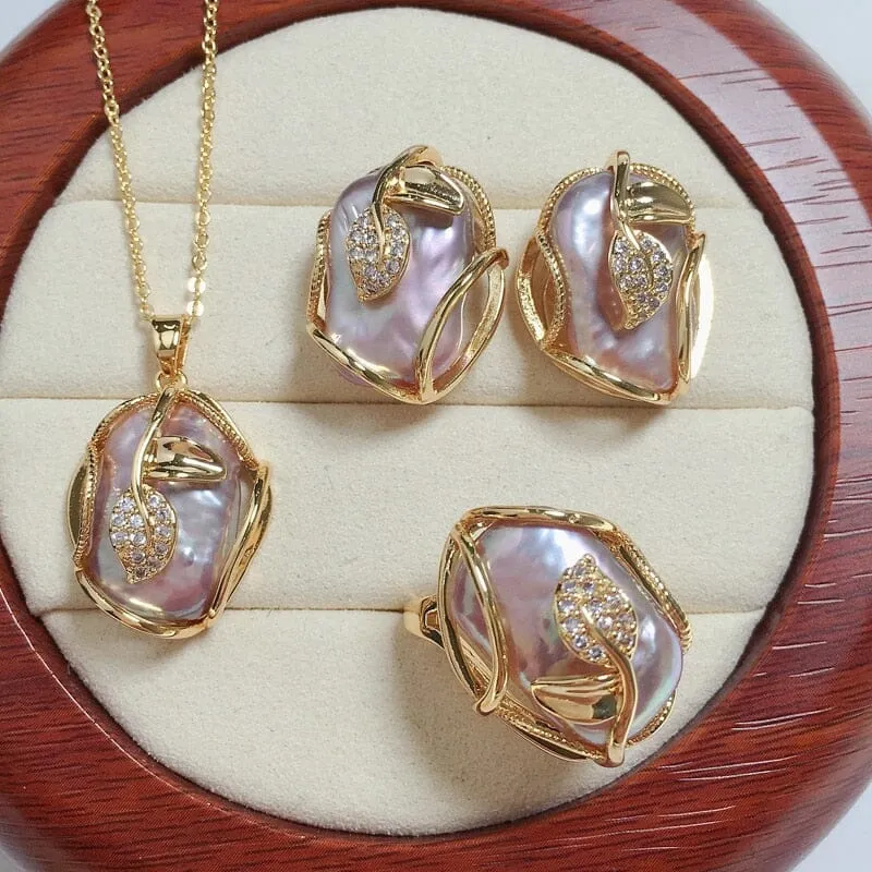 Big Baroque Pearl 18K Gold Plated Jewelry Set