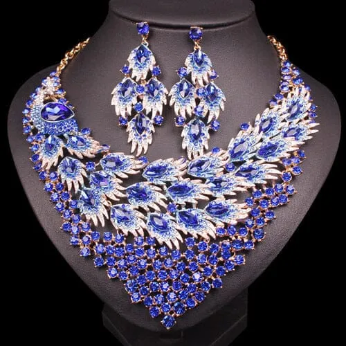 Blue Peacock Crystal Necklace Jewelry Set