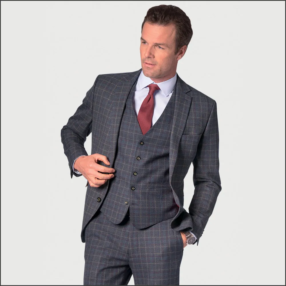 Brook Taverner Lyd Blue with Wine Overcheck Two Piece Occasion Suit<>