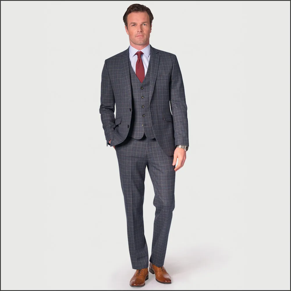 Brook Taverner Lyd Blue with Wine Overcheck Two Piece Occasion Suit<>