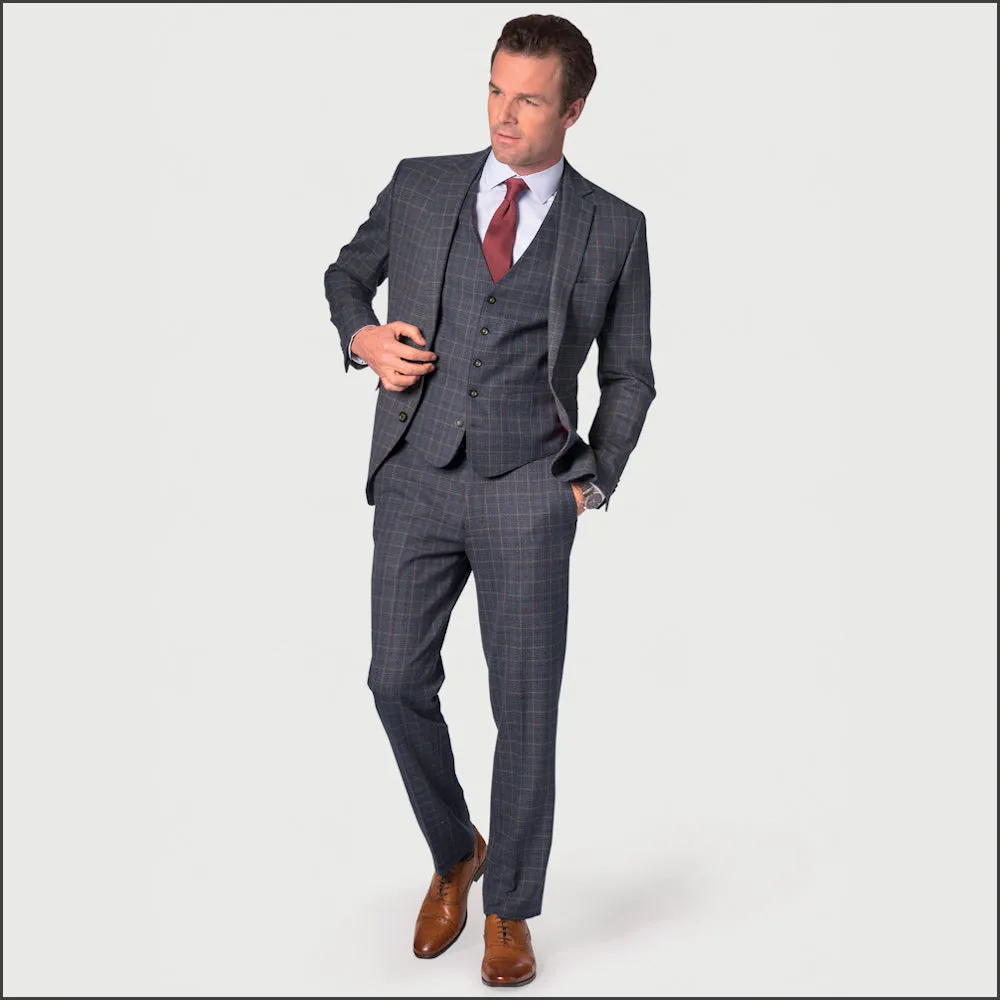 Brook Taverner Lyd Blue with Wine Overcheck Two Piece Occasion Suit<>