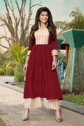 Classy Dark Maroon Yoke Printed Cotton Kurti With Cotton Palazzo