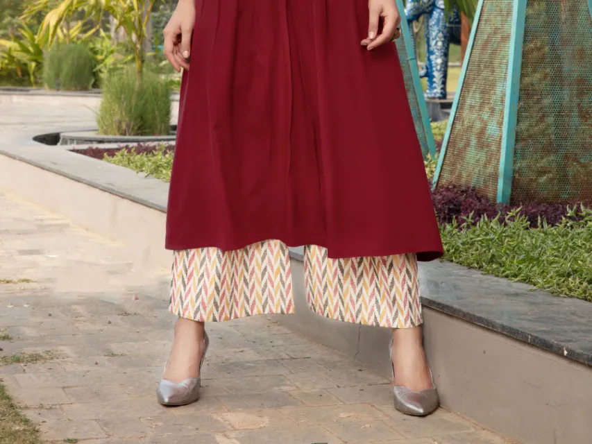 Classy Dark Maroon Yoke Printed Cotton Kurti With Cotton Palazzo