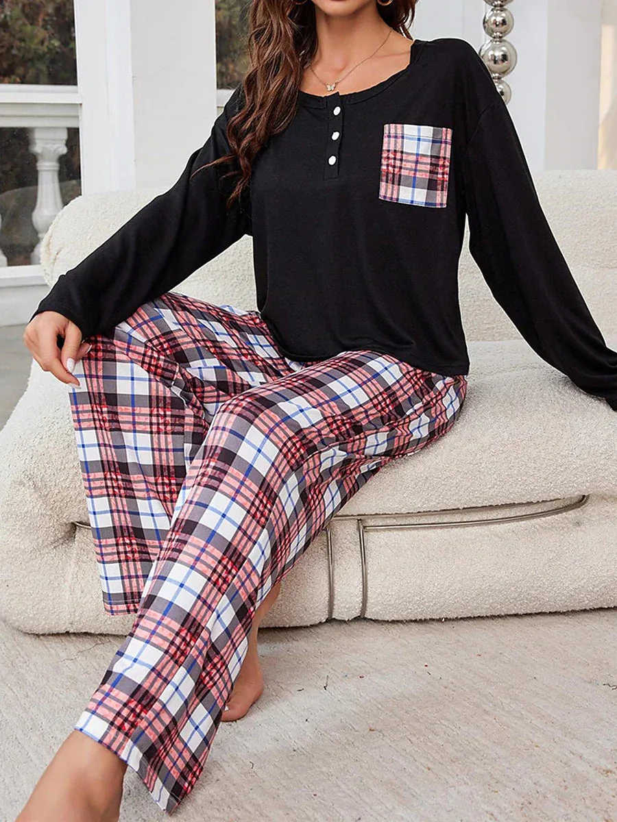 Cozy Women's Flannel Pajamas Set with Grid / Plaid Design and Crew Neck T-shirt for Comfortable Fall and Winter Lounge