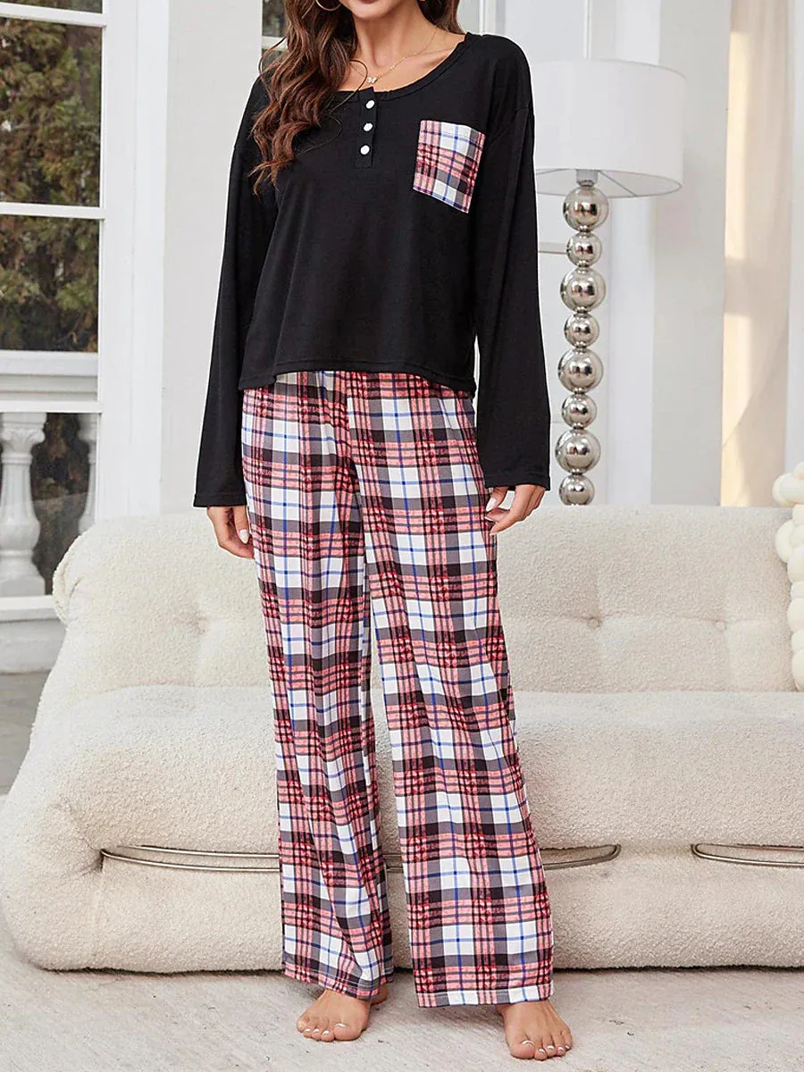 Cozy Women's Flannel Pajamas Set with Grid / Plaid Design and Crew Neck T-shirt for Comfortable Fall and Winter Lounge