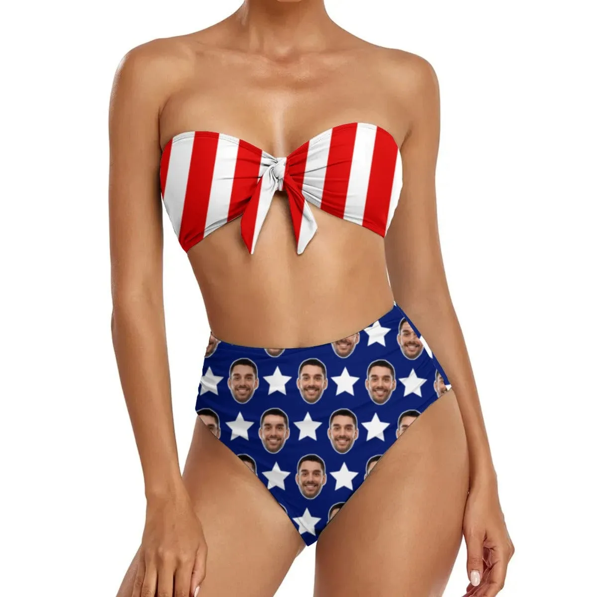 Custom Face USA Flag Style Strapless Bow Top High Waist Bikini Bottom 2-Piece Set Bathing Suit