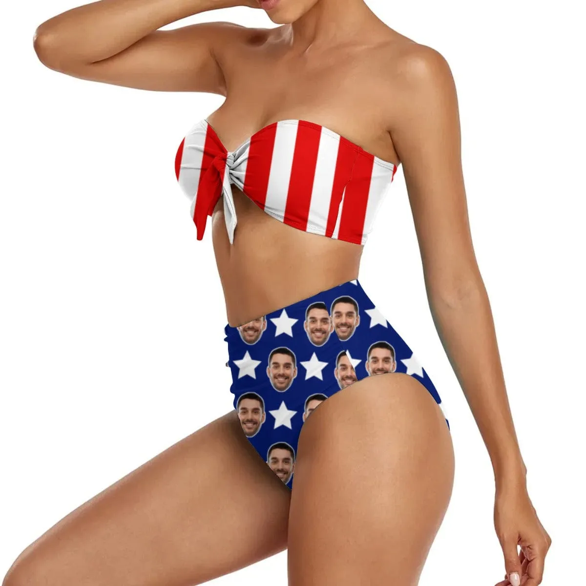 Custom Face USA Flag Style Strapless Bow Top High Waist Bikini Bottom 2-Piece Set Bathing Suit