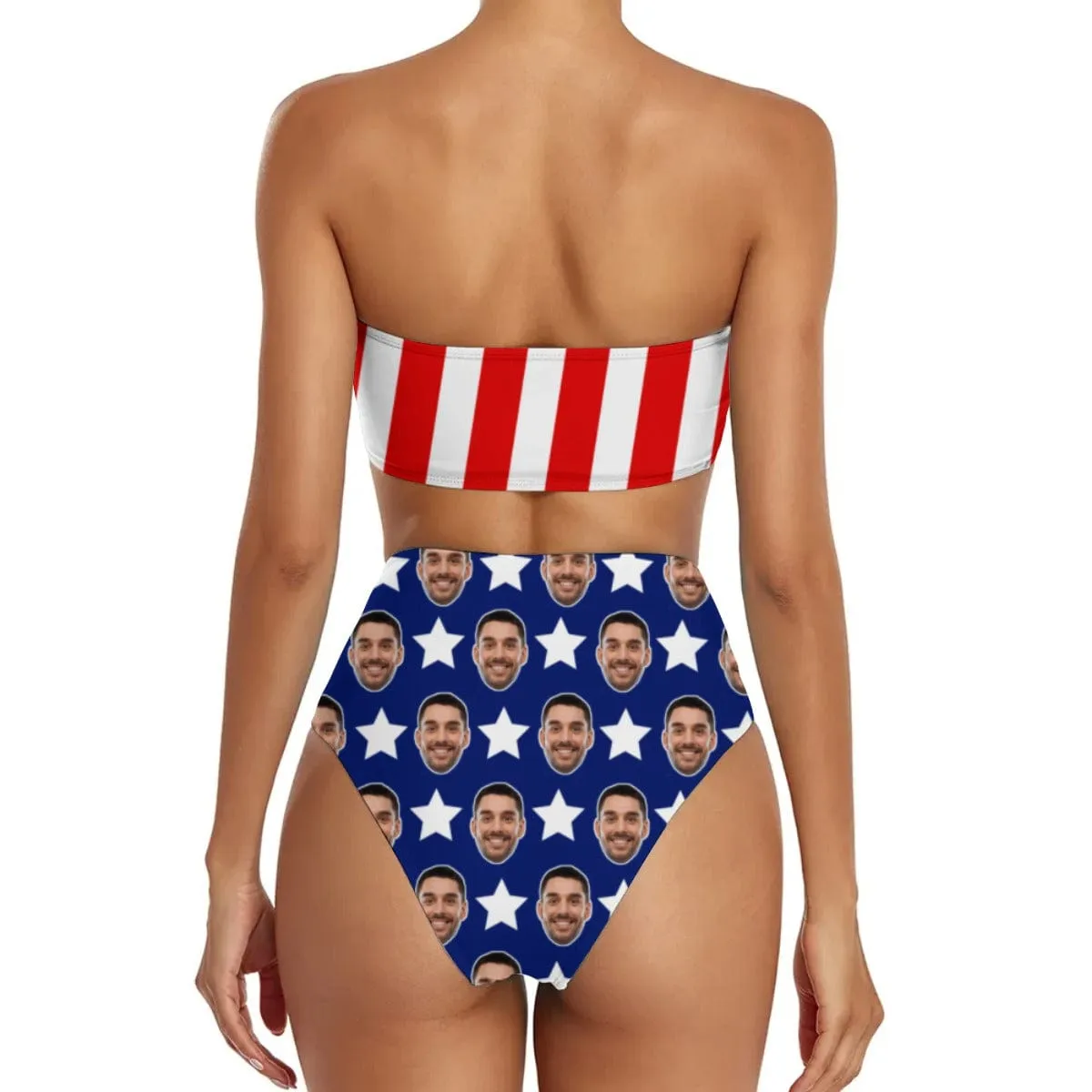 Custom Face USA Flag Style Strapless Bow Top High Waist Bikini Bottom 2-Piece Set Bathing Suit