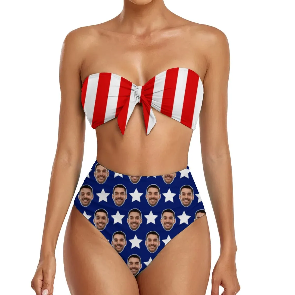 Custom Face USA Flag Style Strapless Bow Top High Waist Bikini Bottom 2-Piece Set Bathing Suit