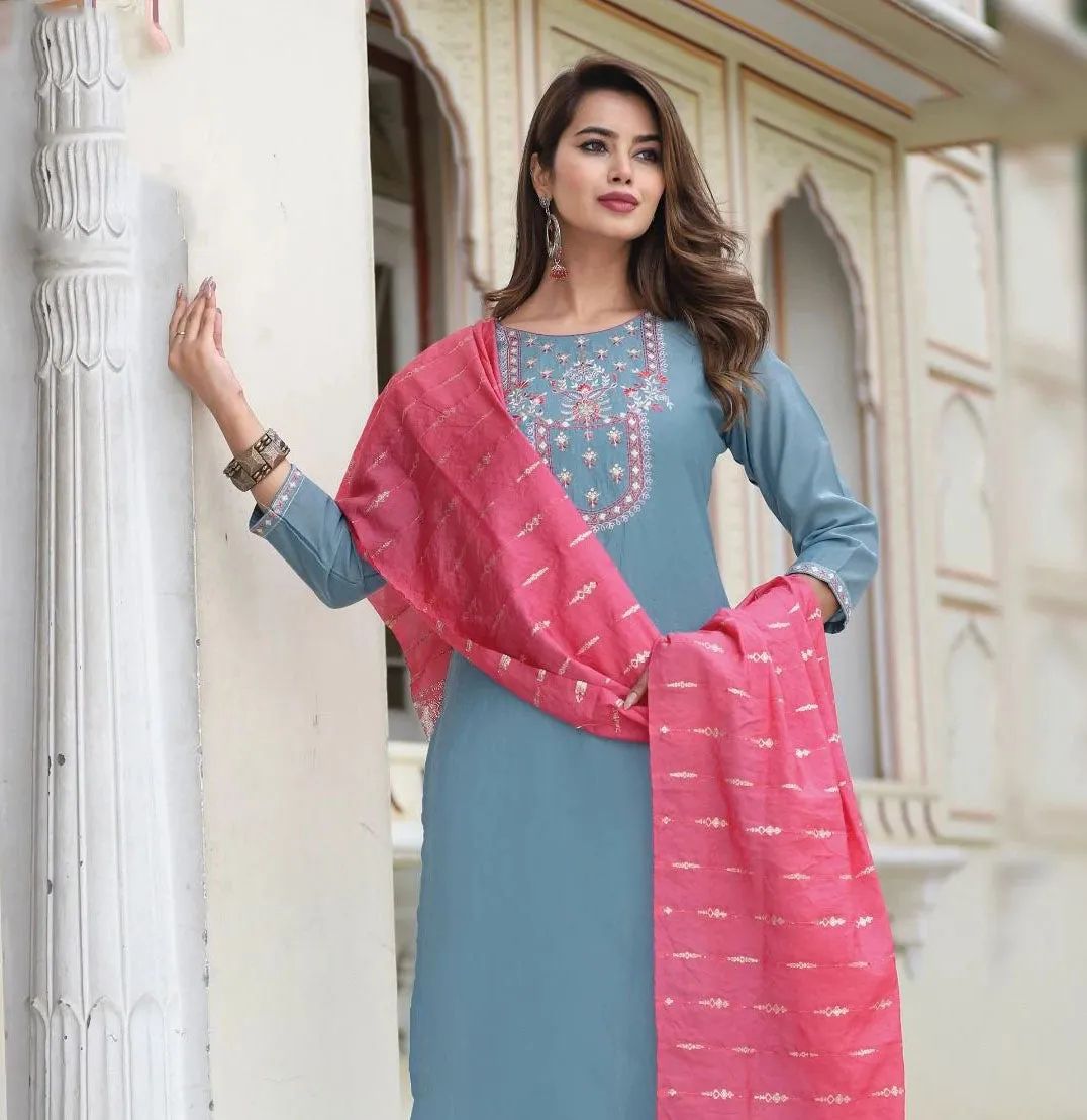 Dazzling Sky Blue Color Maslin Embroidery Work Kurti With Dupatta