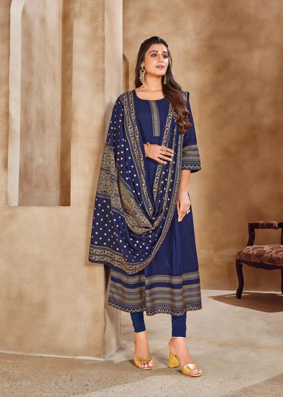 Delightful Blue Heavy Rayon Printed Kurti And Fancy Dupatta