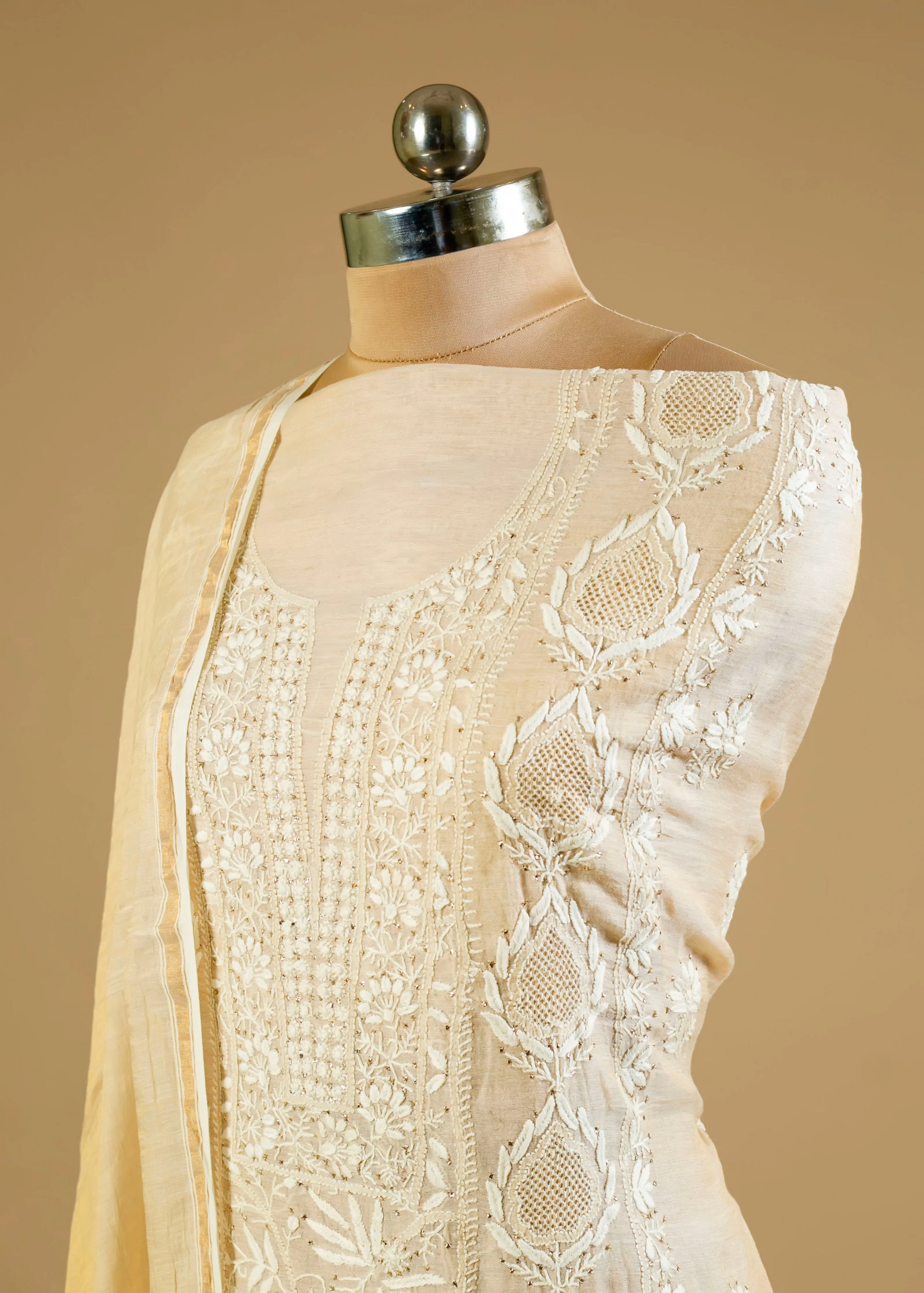 Dyeable Hand-Embroidered Chikankari Lucknowi Shirt with Crystal Pipe Work and Pure Chanderi Tissue Fabric