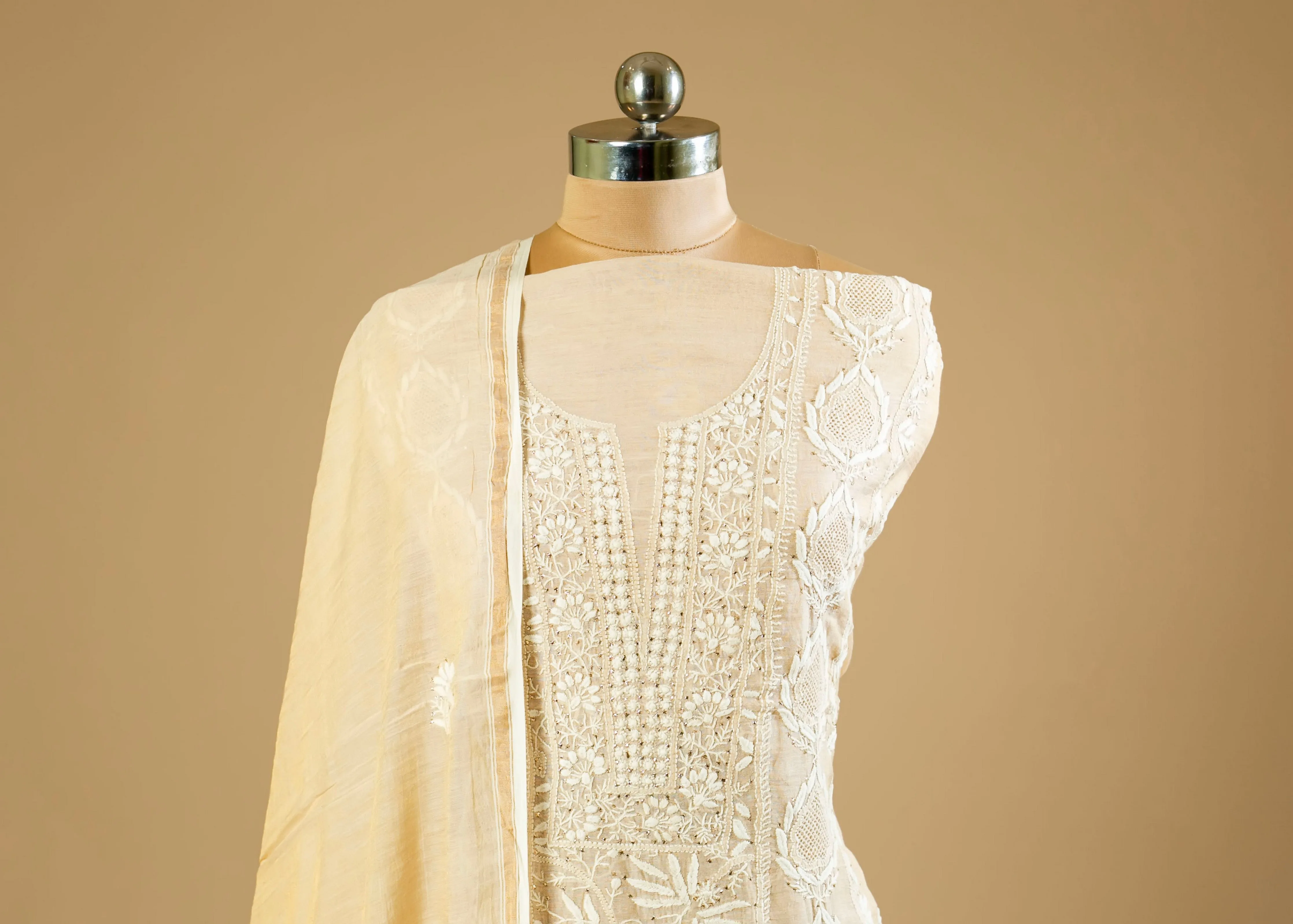 Dyeable Hand-Embroidered Chikankari Lucknowi Shirt with Crystal Pipe Work and Pure Chanderi Tissue Fabric