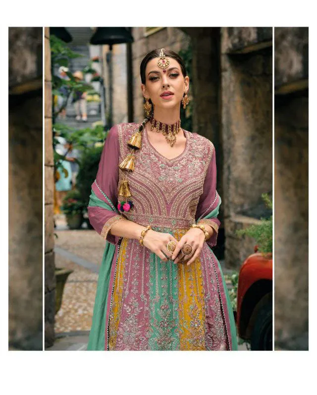 Elegant Multi Colored Chinon Embroidery Pakistani Palazzo Suit For Women