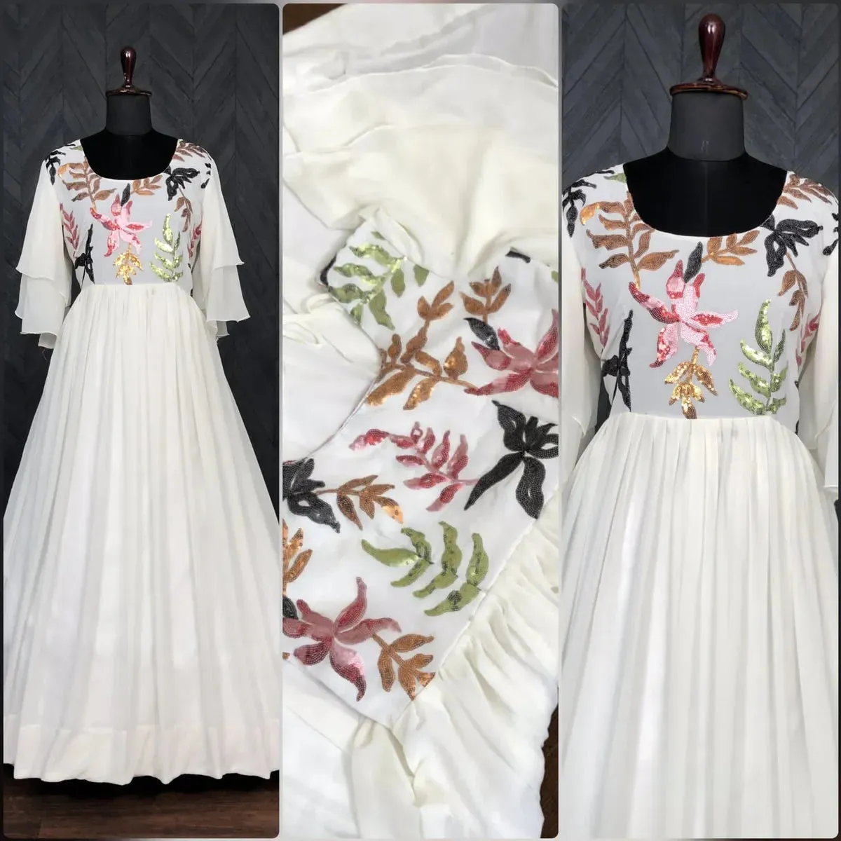 Exclusive White Georgette Gown With Colorful Sequins Work And Bell Umbrella Sleeves