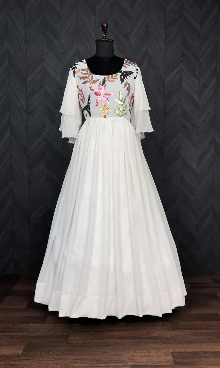 Exclusive White Georgette Gown With Colorful Sequins Work And Bell Umbrella Sleeves