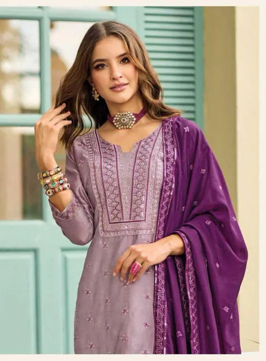 Fabulous Lavendar Colored Embroidery Kurti With Dupatta For Women