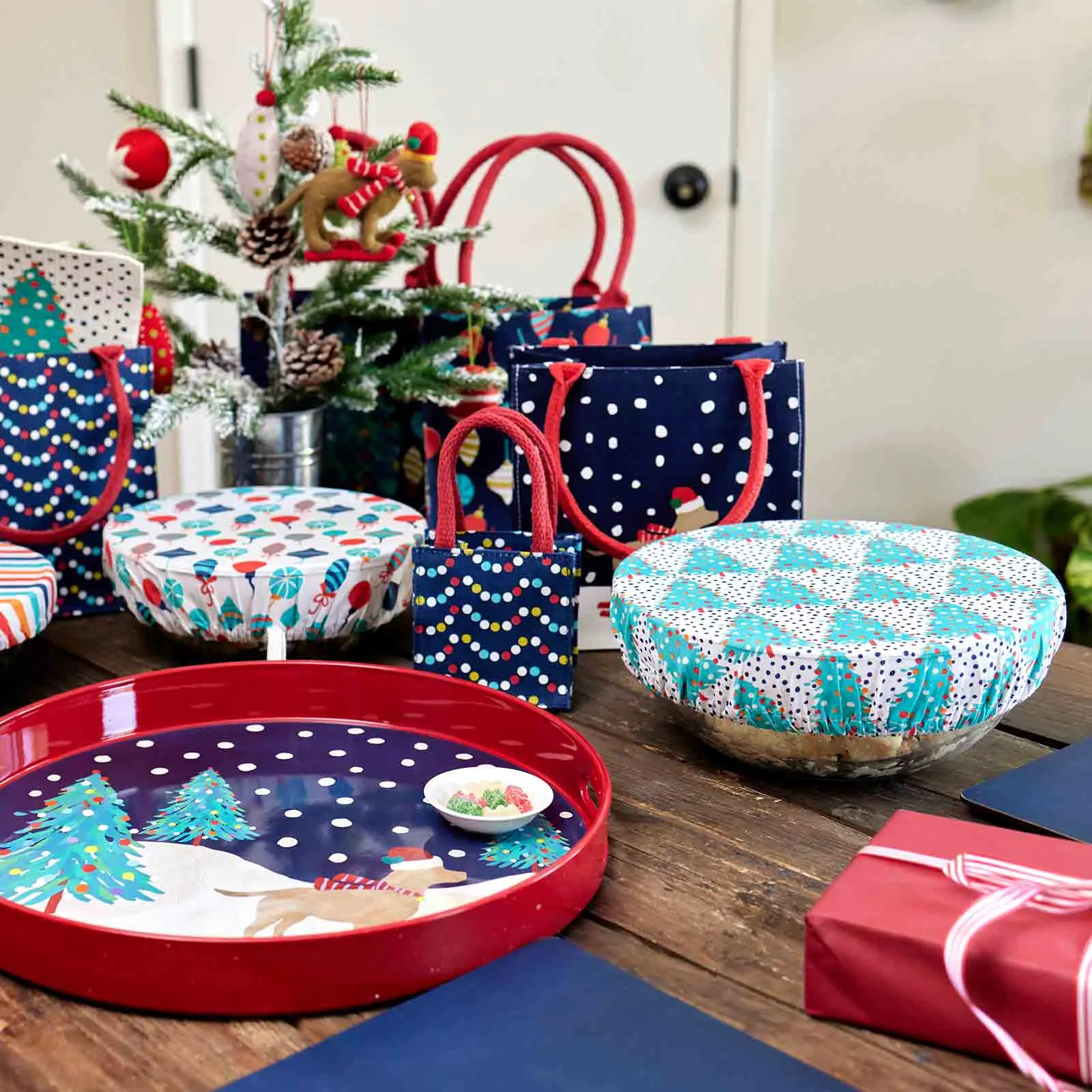 Festive Holiday blu Kitchen Food Storage Covers (Set of 3 )