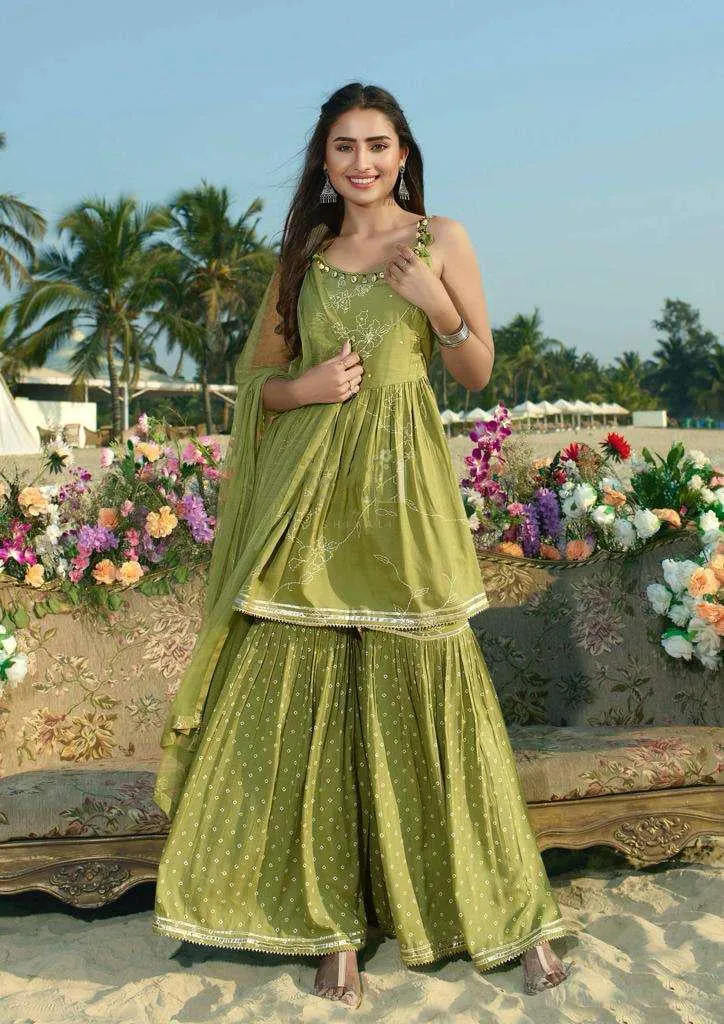 Festive Olive Green Color Designer Embroidery Work Sharara Suits