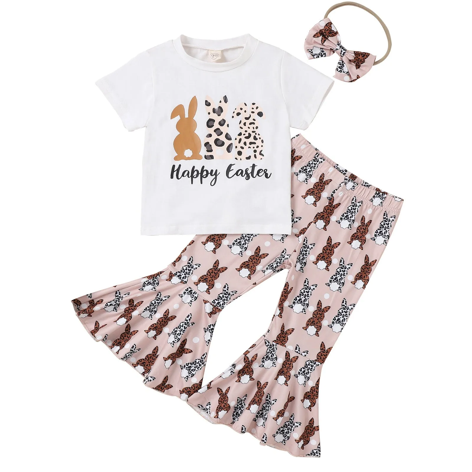 Girls' Bunny Printed Short-sleeved Flared Trousers with Hair Band Girls' Three-piece Suit