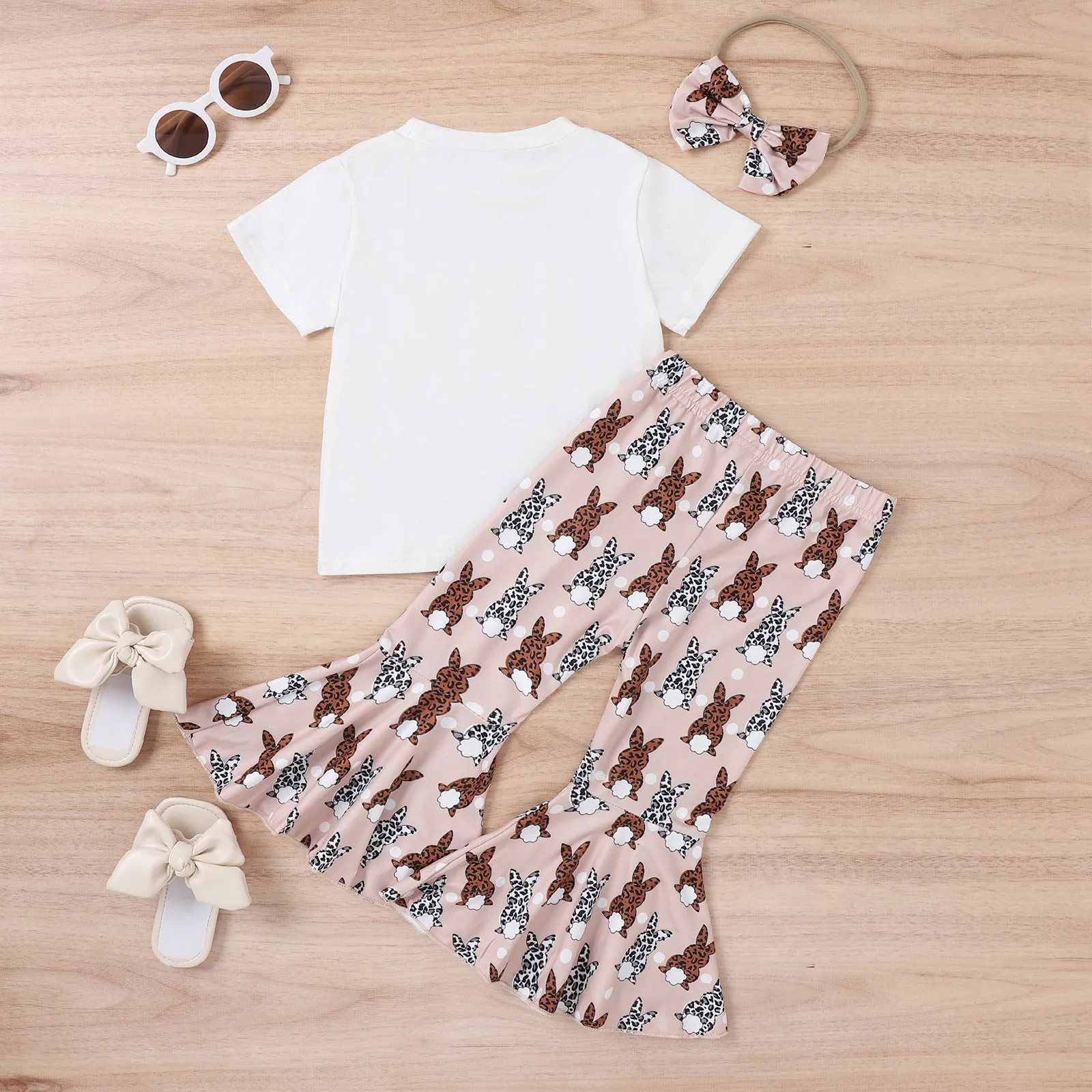 Girls' Bunny Printed Short-sleeved Flared Trousers with Hair Band Girls' Three-piece Suit