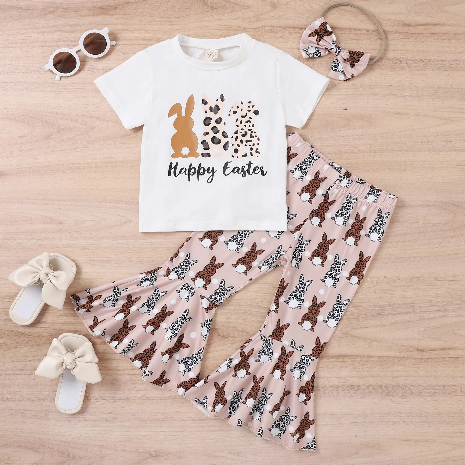 Girls' Bunny Printed Short-sleeved Flared Trousers with Hair Band Girls' Three-piece Suit