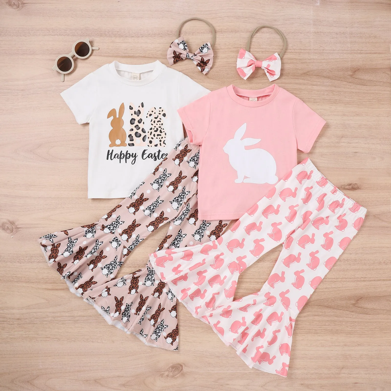 Girls' Bunny Printed Short-sleeved Flared Trousers with Hair Band Girls' Three-piece Suit