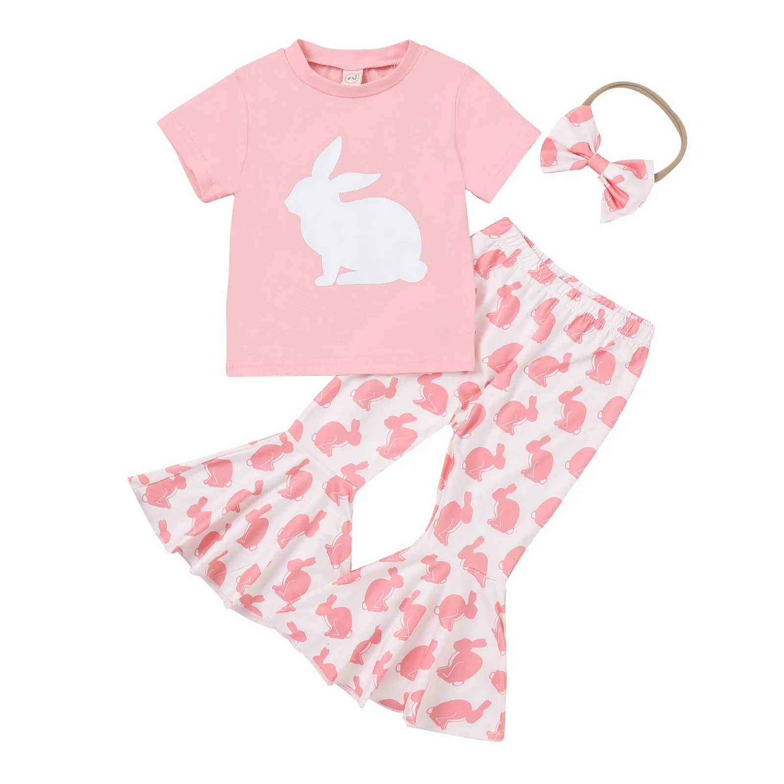 Girls' Bunny Printed Short-sleeved Flared Trousers with Hair Band Girls' Three-piece Suit