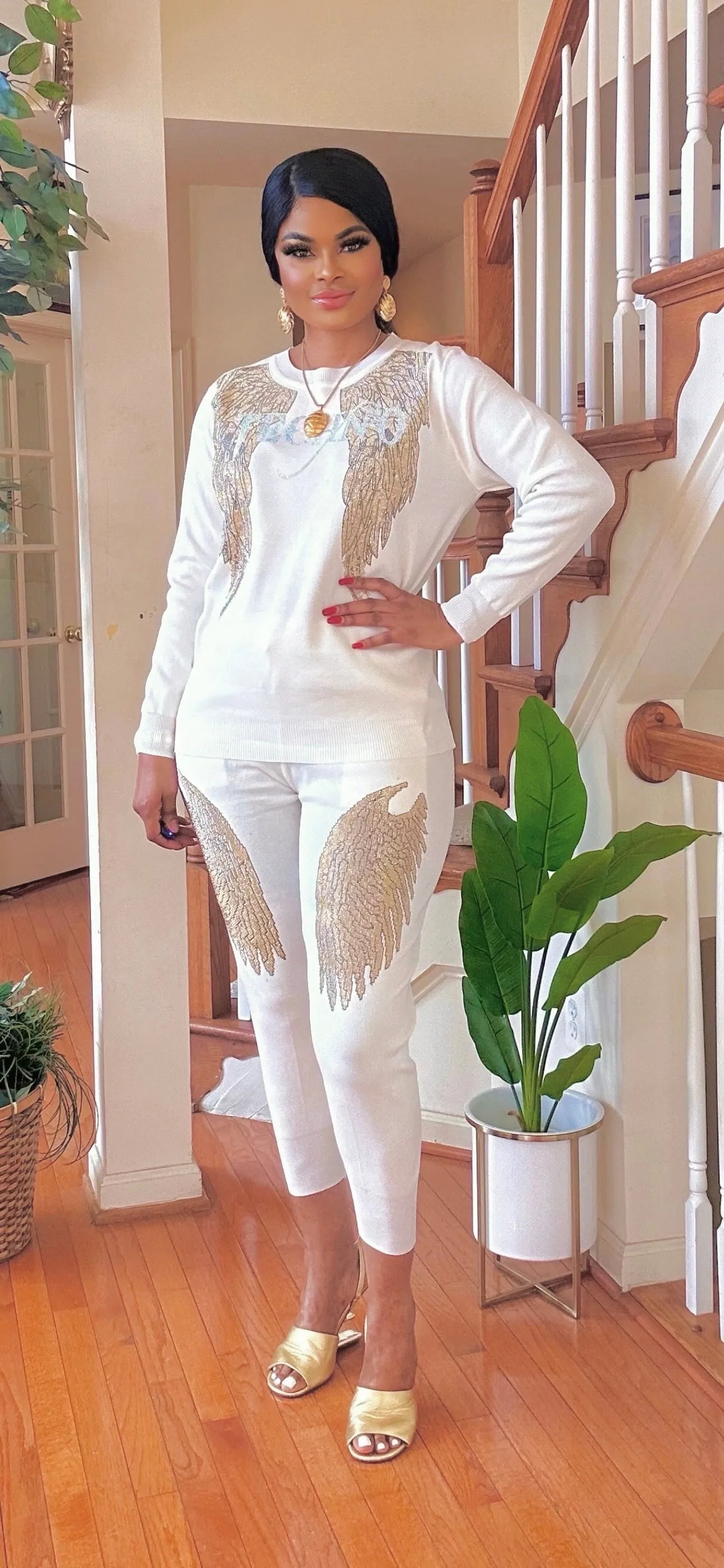 Gold-white rhinestone SWEATER jogger knit set