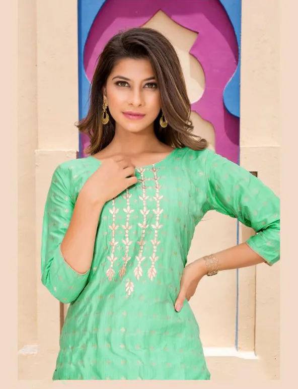 Gorgeous Green Art Silk Round Neck Kurti With Sharara Pants