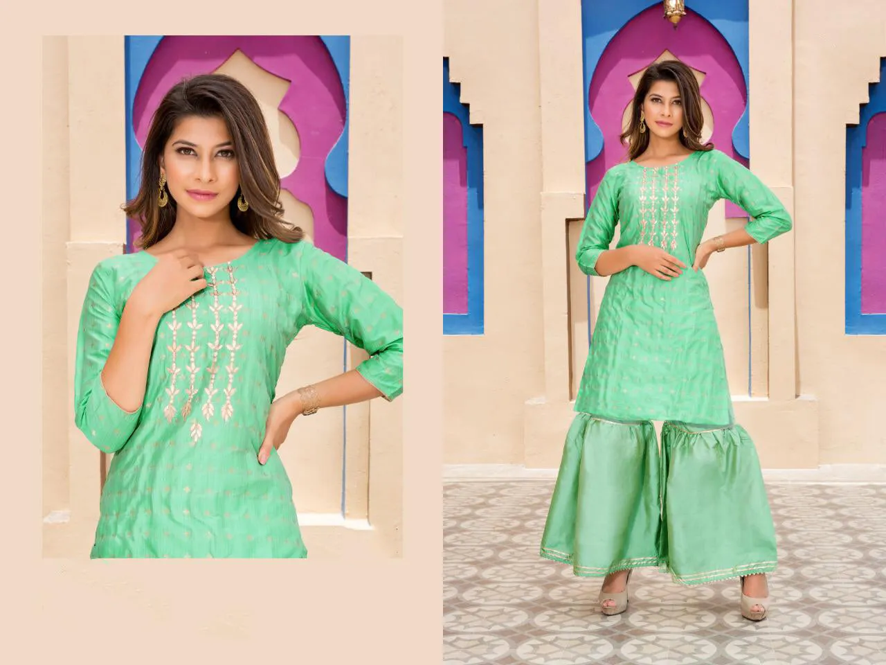 Gorgeous Green Art Silk Round Neck Kurti With Sharara Pants