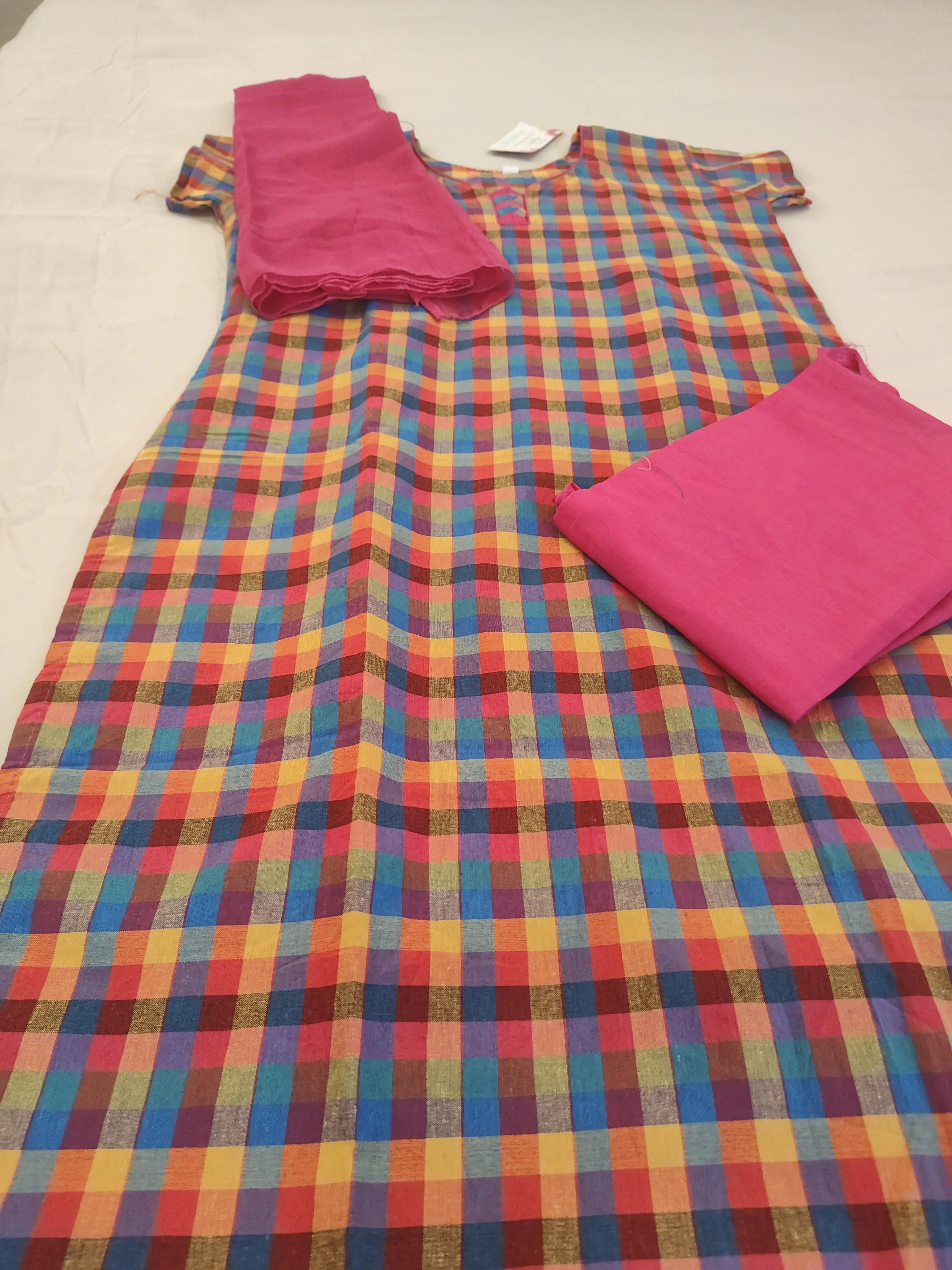 Gorgeous Multi Color Checkered Cotton Dress With Pink Bottom And Dupatta